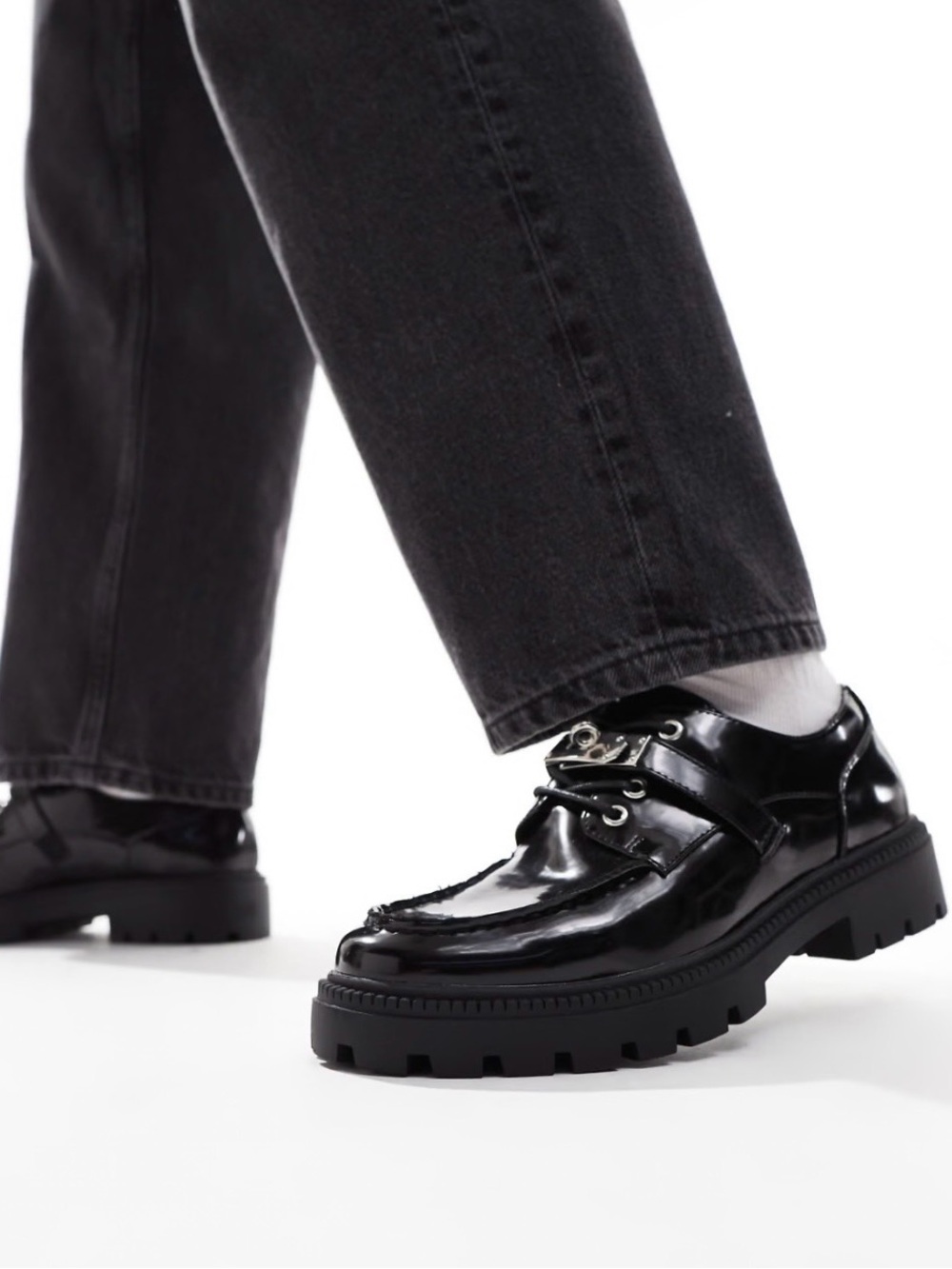 ASOS Black Patent Leather Lug Sole Slip-On Loafers Size 12 - Picture 6 of 16